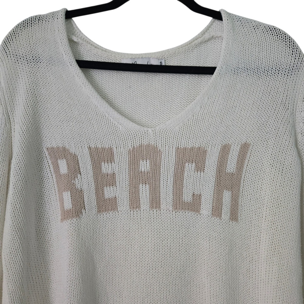 Miracle White Beach Graphic Knit V-Neck Sweater Small Coastal Relaxed Fit